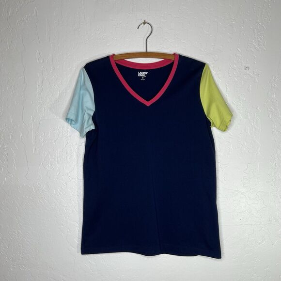 Lands End T Shirt Brushed Cotton Color Block Tee Navy With Pink Neon Green Small - Picture 1 of 12